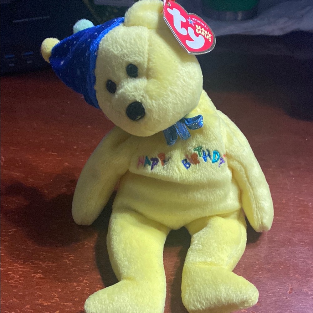 Ty Happy Birthday Yellow Bear with Blue Hat